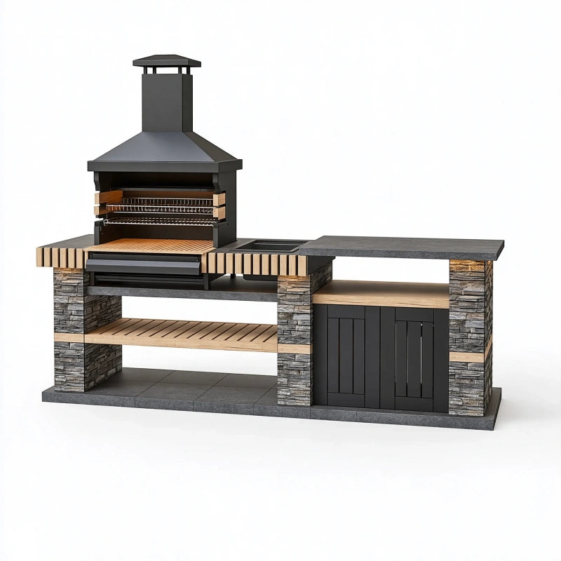 Grillstation 260 cm aus Metall und Stein Schwarz Grau für den Aussenbereich mit Kamin und Arbeitsfläche