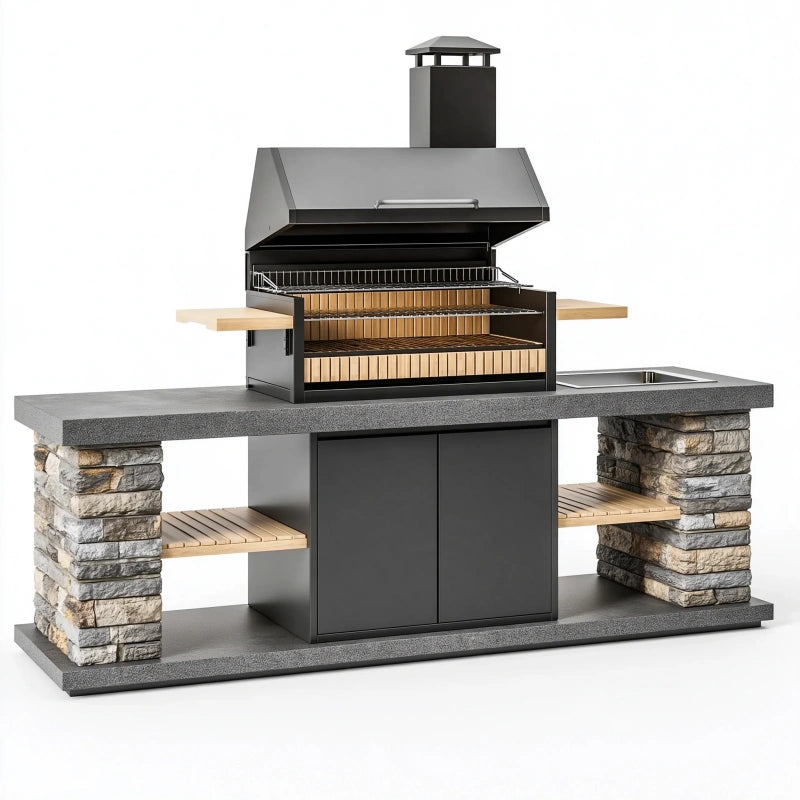Outdoor Grillküche 250 x 70 x 220 cm aus Stahl Stein und Holz in Schwarz Grau
