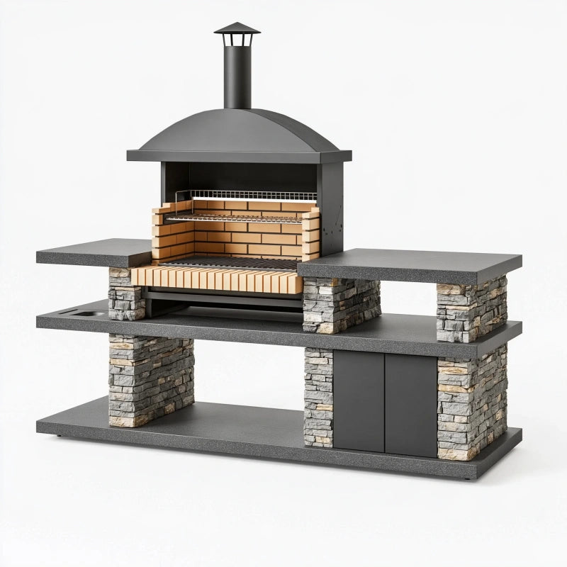 Grillküche 240 x 80 x 230 cm aus Stahl Stein und Keramik grau für den Garten mit Kaminabzug