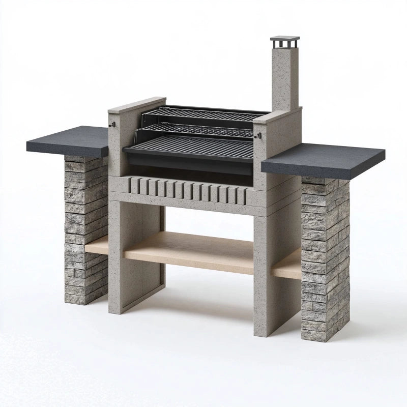 Gartengrill 160 x 70 x 210 cm aus Beton und Metall in Grau Schwarz mit Kamin