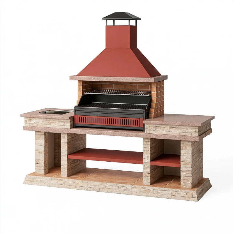 Gartengrill 200 x 70 x 230 cm Stein Metall Rotbraun mit Kamin und Spülbecken