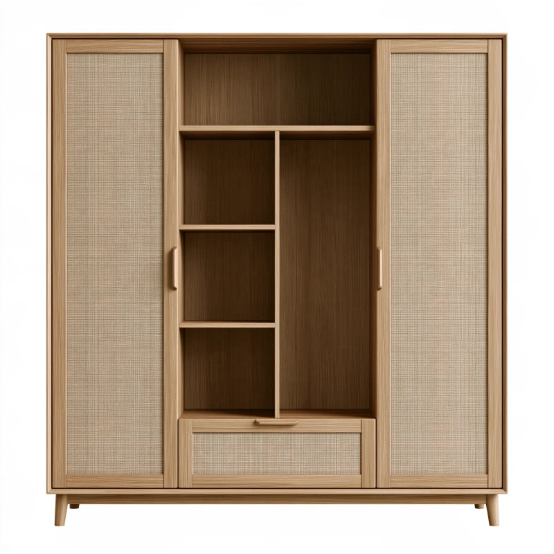 Kleiderschrank 120 x 55 x 200 cm Holz Naturbraun Beige mit Rattangeflecht
