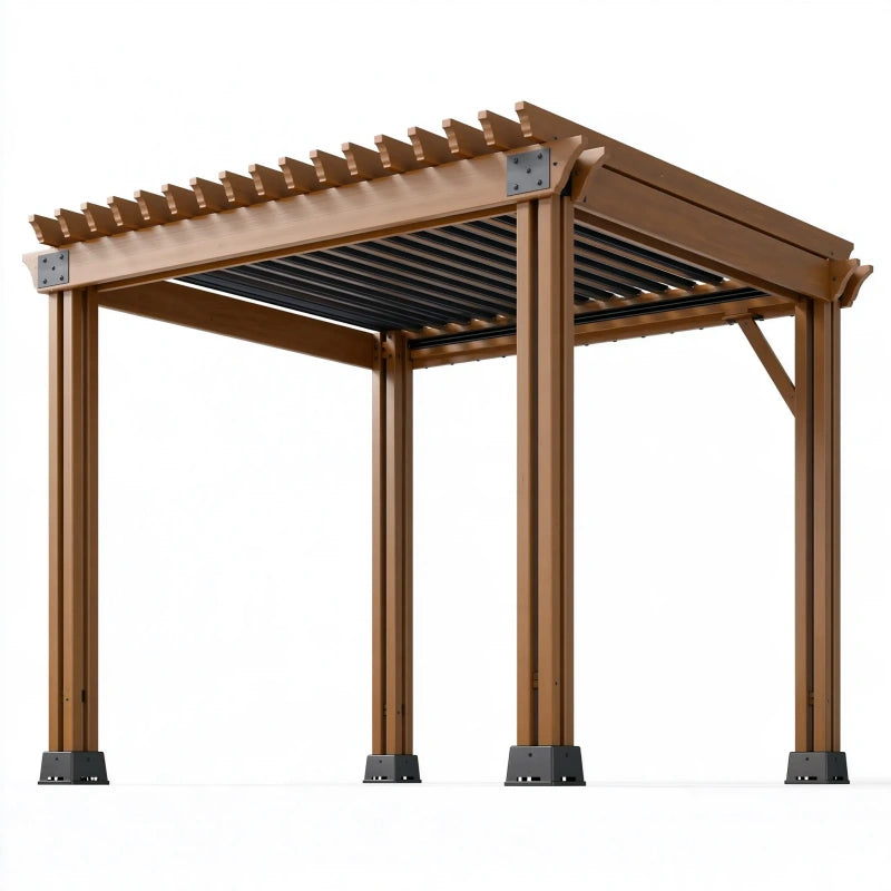 Pergola 300 x 300 x 240 cm Aluminium Holzoptik Braun für Terrasse mit Lamellendach