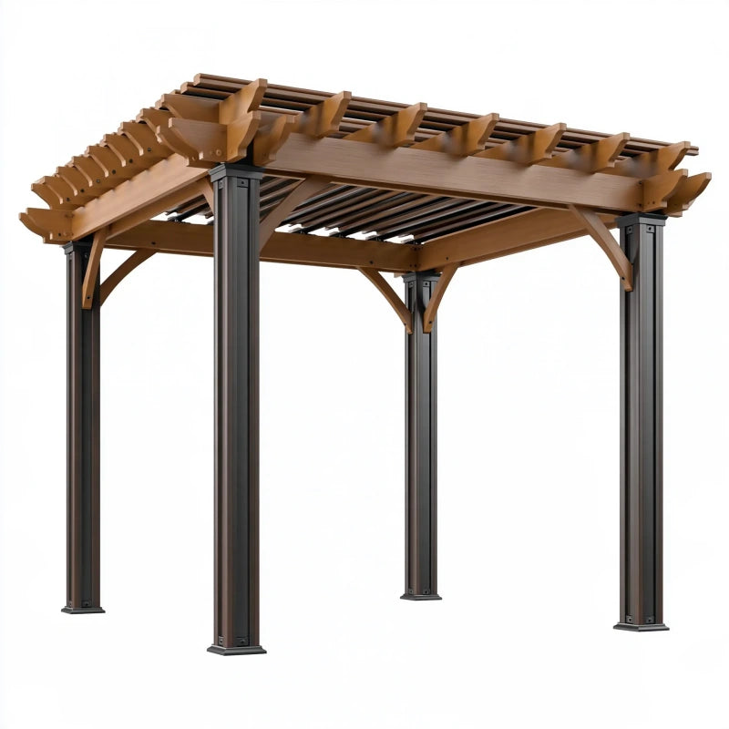 Pergola 300 x 300 x 250 cm aus Holz und Metall in Naturbraun Anthrazit für den Garten mit Lamellendach