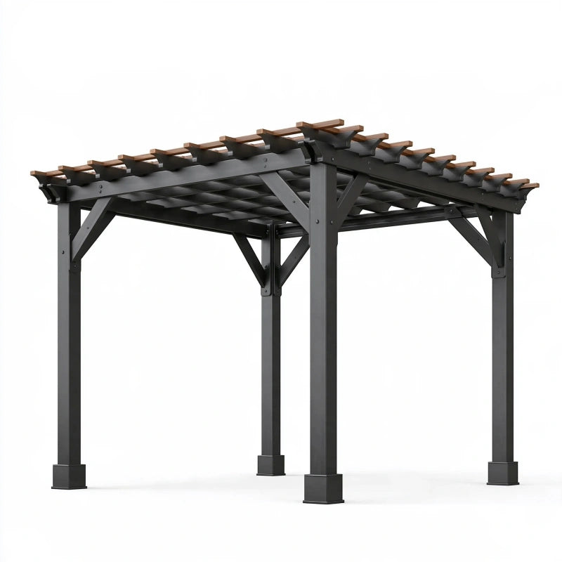Pergola 300 x 300 x 230 cm aus Metall und Holz in Schwarz Braun mit Lamellendach für den Aussenbereich
