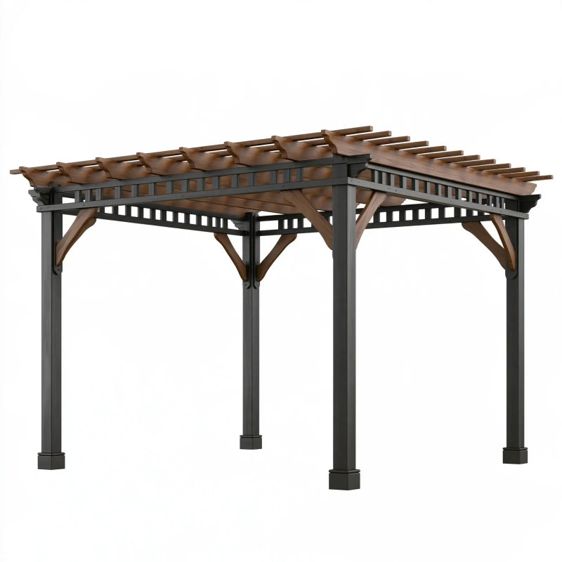 Gartenpergola 300 x 300 cm Stahl und Holzoptik Braun Schwarz - offene Terrassenüberdachung
