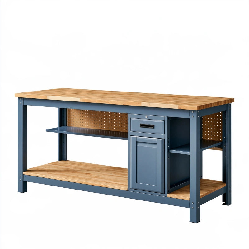 Werkbank 160 cm Holz Metall Blau Braun mit Schublade und Stauraum