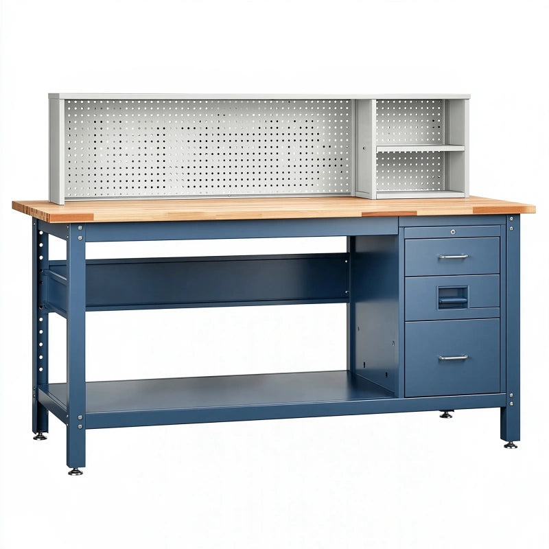 Werkbank 152 cm aus Stahl und Holz Blau mit Lochwand und Schubladen