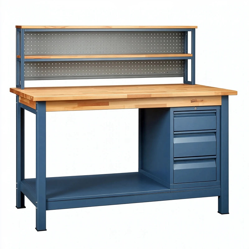 Werkbank 120 x 60 x 150 cm mit Holzarbeitsplatte und Metallgestell für Werkstatt