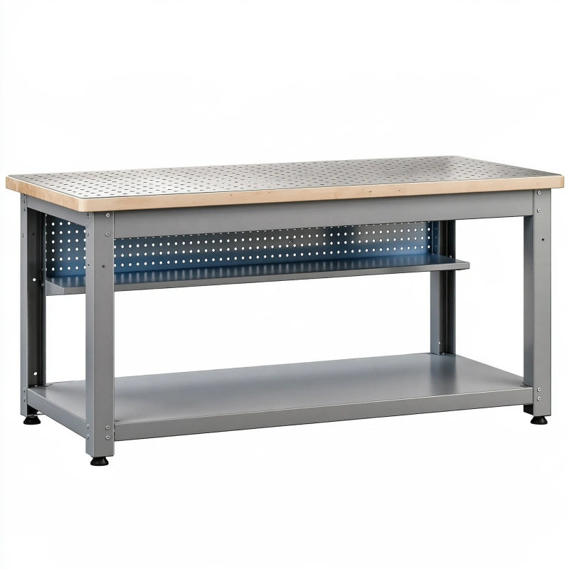 Werkbank 120 x 60 x 85 cm aus Stahl in Anthrazit mit Lochplatte und Holzleiste