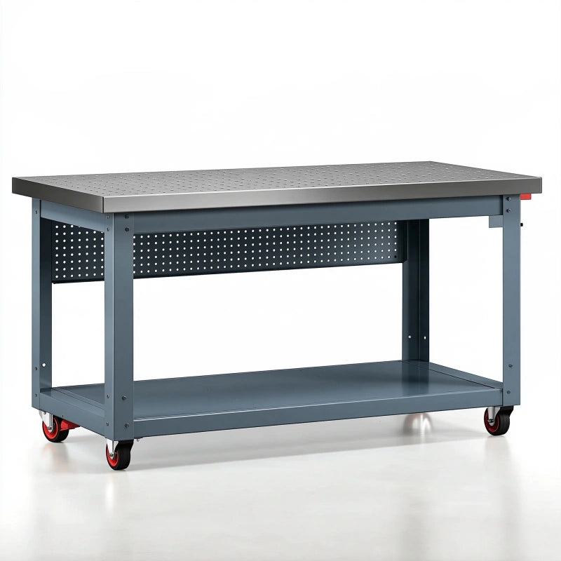 Werkbank 120 x 60 x 90 cm aus Stahl grau mobil mit Lochplatte