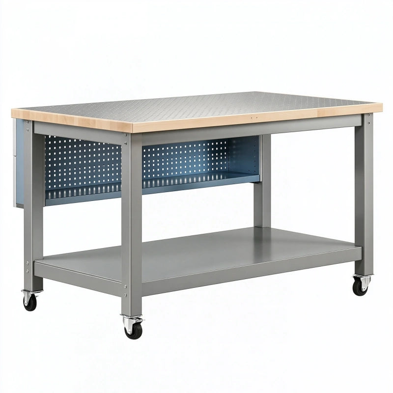 Werkbank 120 x 60 x 90 cm aus Stahl und Holz grau mit Rollen