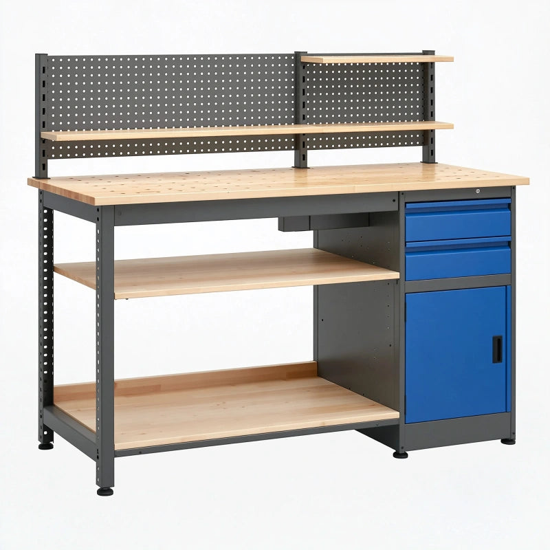 Werkbank 120 x 60 x 150 cm aus Stahl und Holz mit Lochwand Regalen Schubladen und Schrank